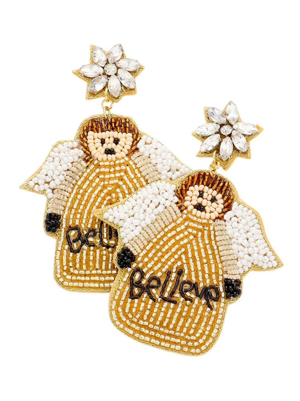 Gold and White Beaded 'Believe' Angel Drop Earrings